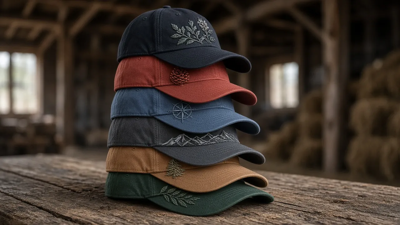 Stack of embroidered custom baseball caps