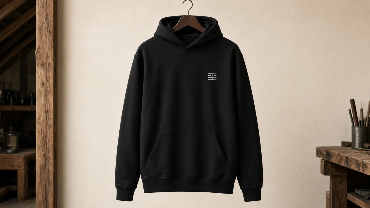 Black custom hoodie hanging in a workshop