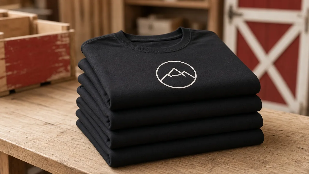 Stack of black custom printed t-shirts
